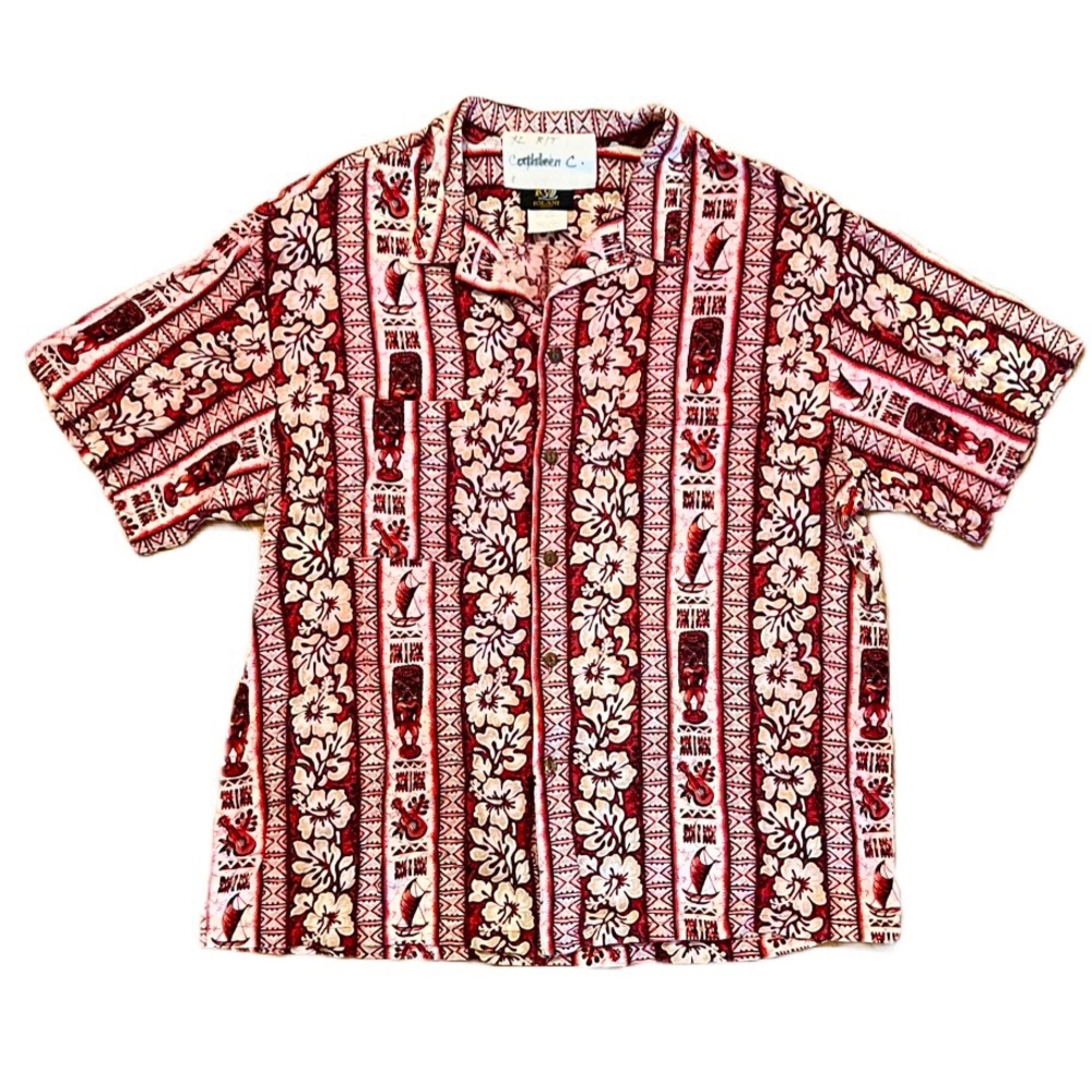 Vintage Iolani Hawaiian Tiki Shirt with Boats and Ukulele